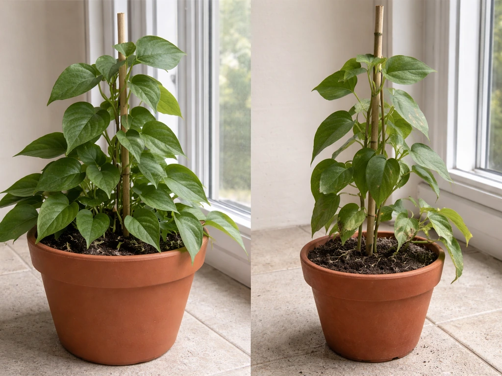 Side-by-side pots for a climbing plant: correctly sized vs undersized with dry topsoil.