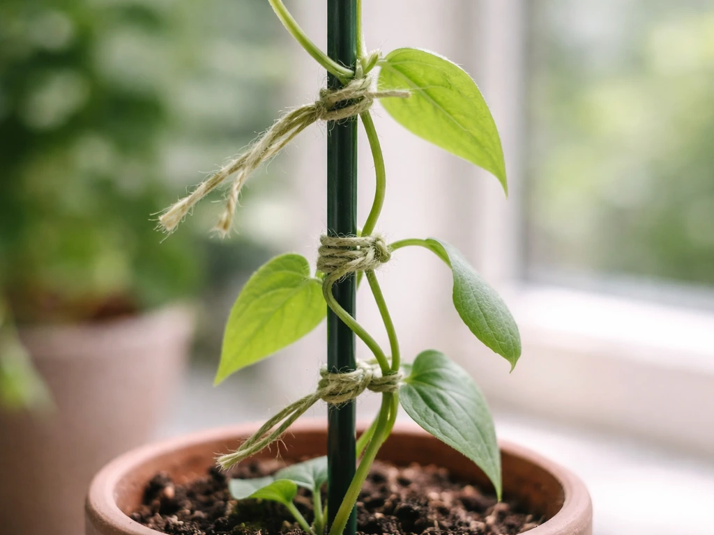 Close-up of a vine tied to a vertical plant support in a pot with soft garden twine