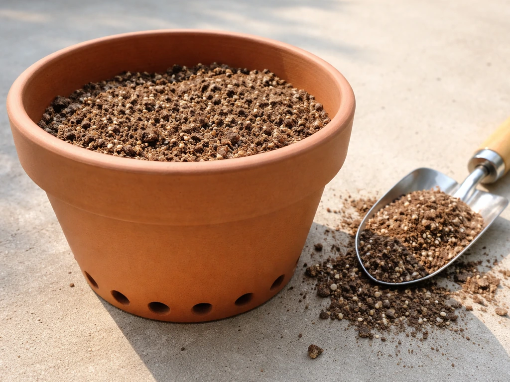 Close-up of a planting pot with drainage holes and dry, aerated potting mix level.