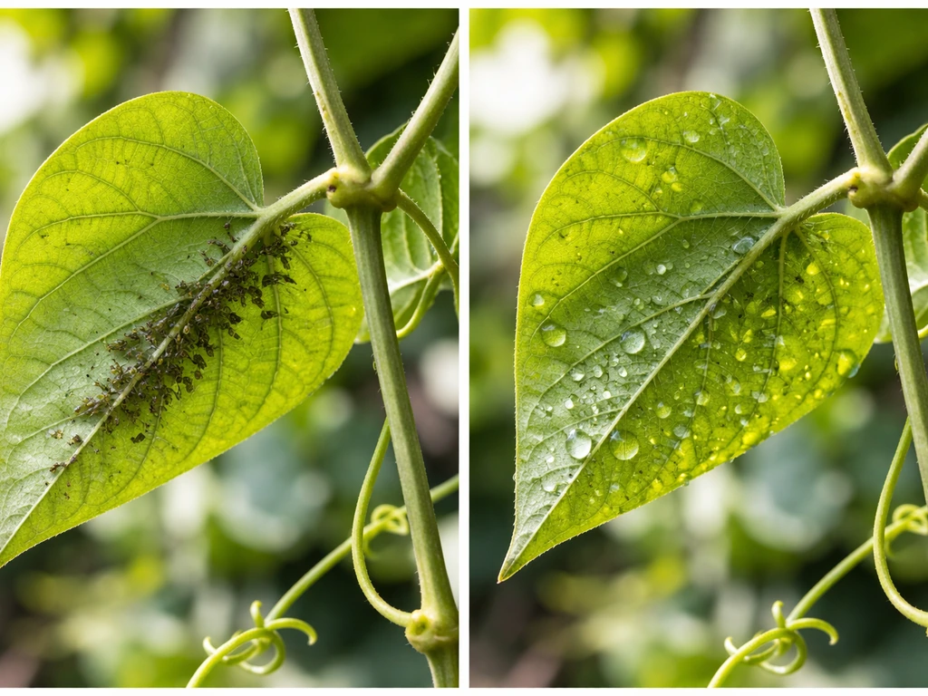 Split view of container climber leaves: aphids on one, aphids rinsed off on the other with water droplets.
