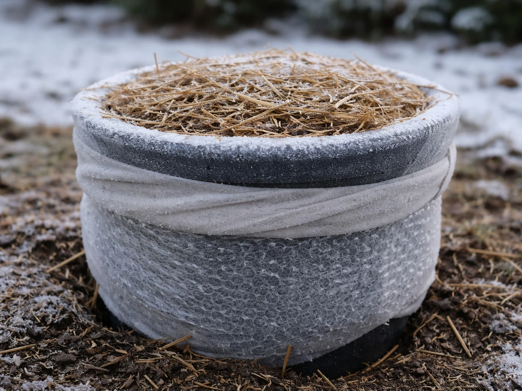 Close-up of a potted climber’s container wrapped in insulating material to prevent root freezing.