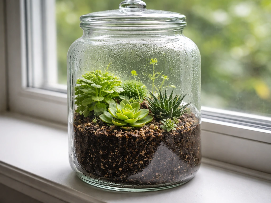 Clear glass terrarium jar on a windowsill with healthy mixed plants and visible soil inside.