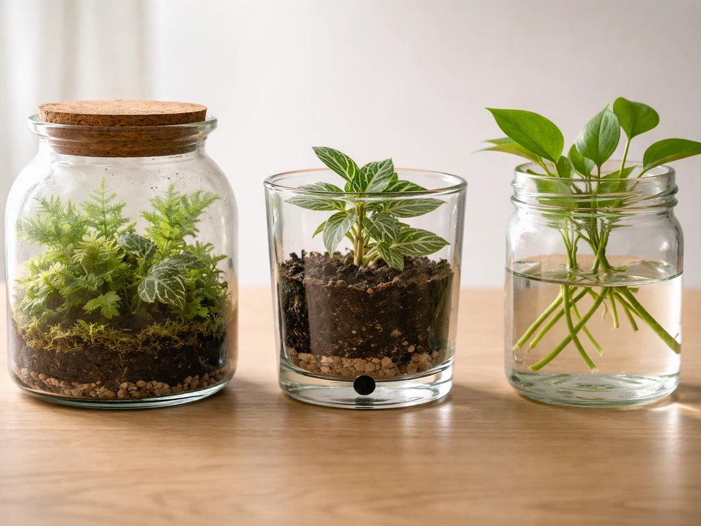 Three small glass containers on a table: closed terrarium, draining container, and open jar with water.