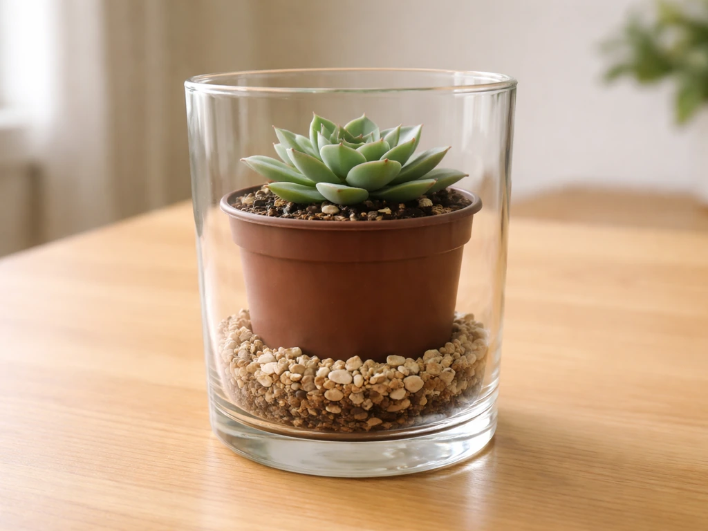 Glass cachepot with a nursery pot inside and a thriving succulent in normal potting mix