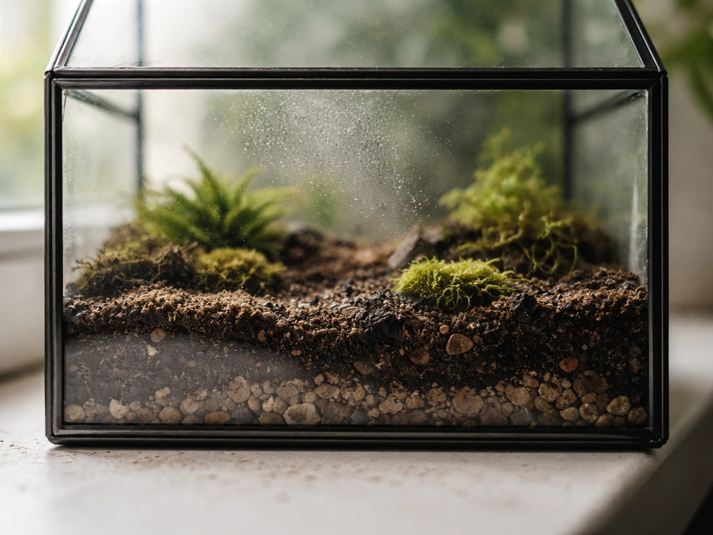Close-up view of a small closed terrarium glass with a few water droplets over lightly moist soil.