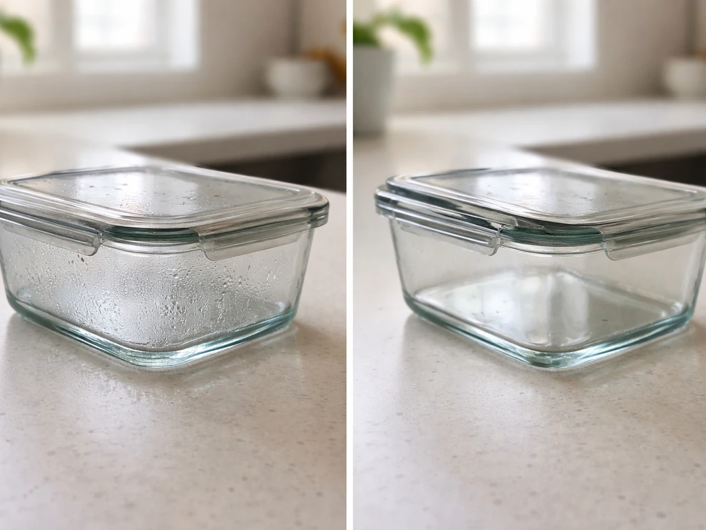 Two-panel style photo: closed glass container with heavy fogging vs vented lid showing much clearer glass.