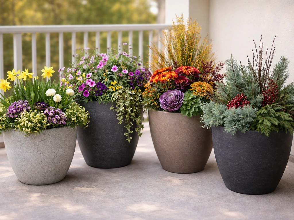 Four seasonal planter displays on a patio/balcony with spring, summer, fall, and winter plants