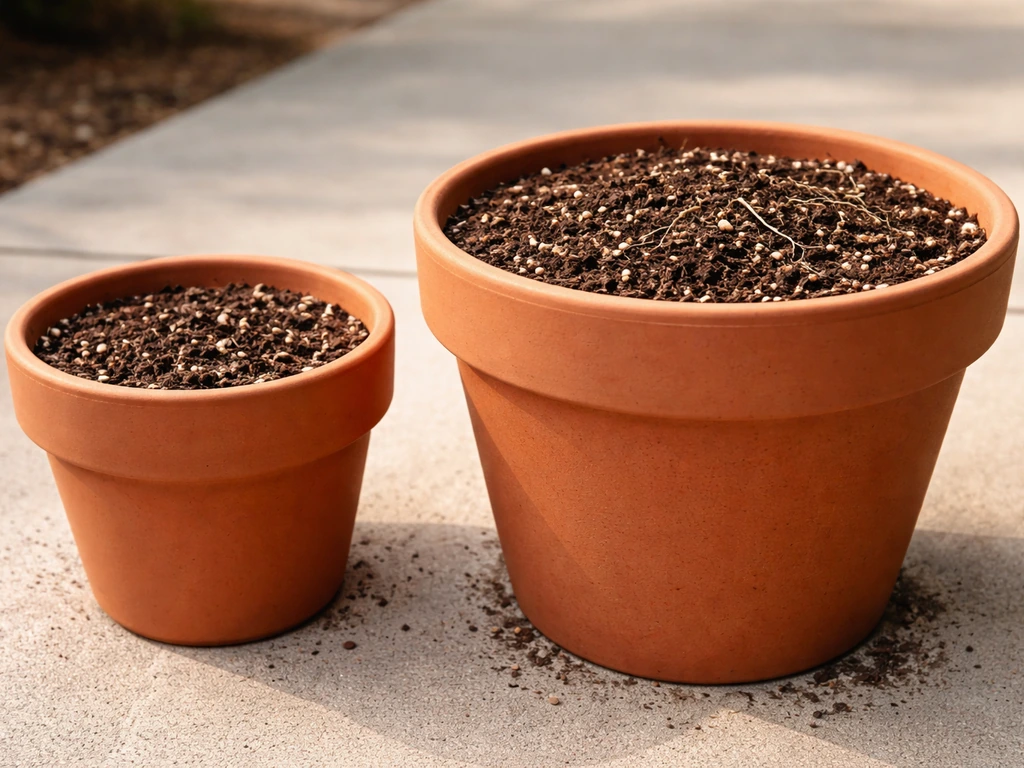 Two side-by-side planters with small vs larger pot sizes showing different amounts of soil and roots.