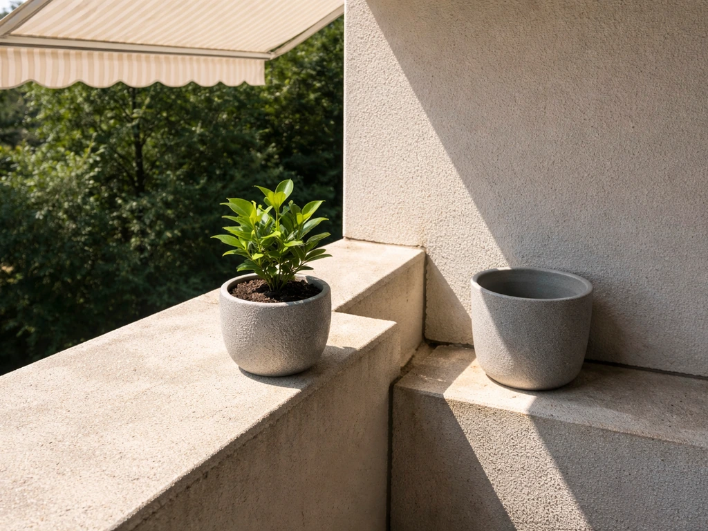 Potted plant in direct sunlight near an awning casting partial shade on an empty planter area.