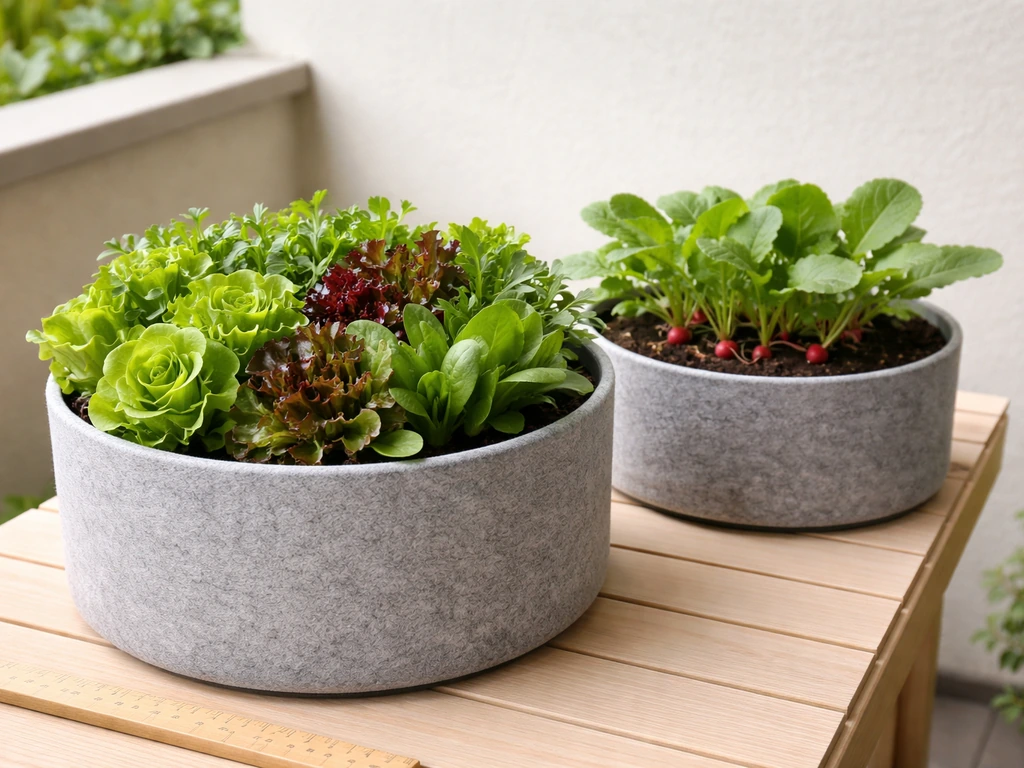 Balcony container garden with compact lettuce and radish greens in two pots, showing pot proportions.
