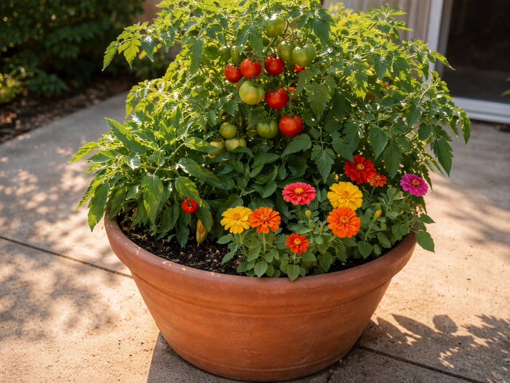 Sunny patio container with thriving tomato and pepper plants and marigolds/zinnias in warm summer light.