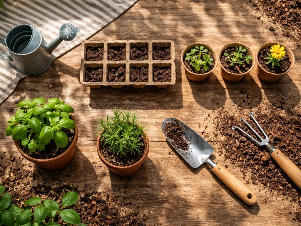 Top-down view of a minimal garden planning setup with potted seedlings, soil, and sun/shade cues.