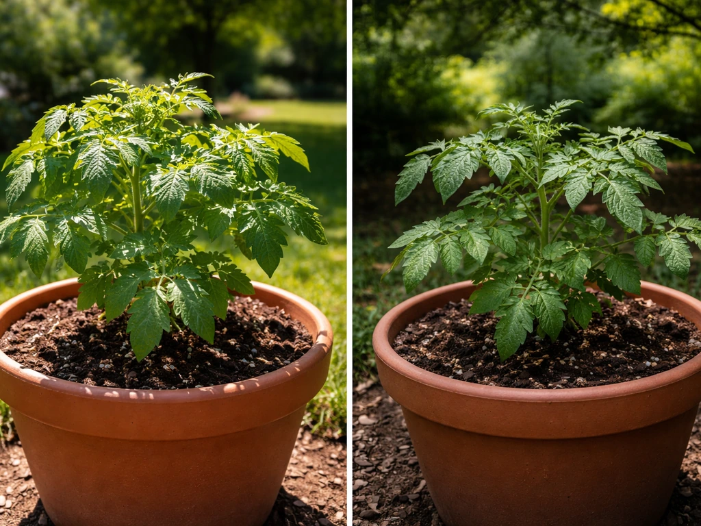 Two potted plants: one thriving in direct sun, one in dappled shade with softer light.