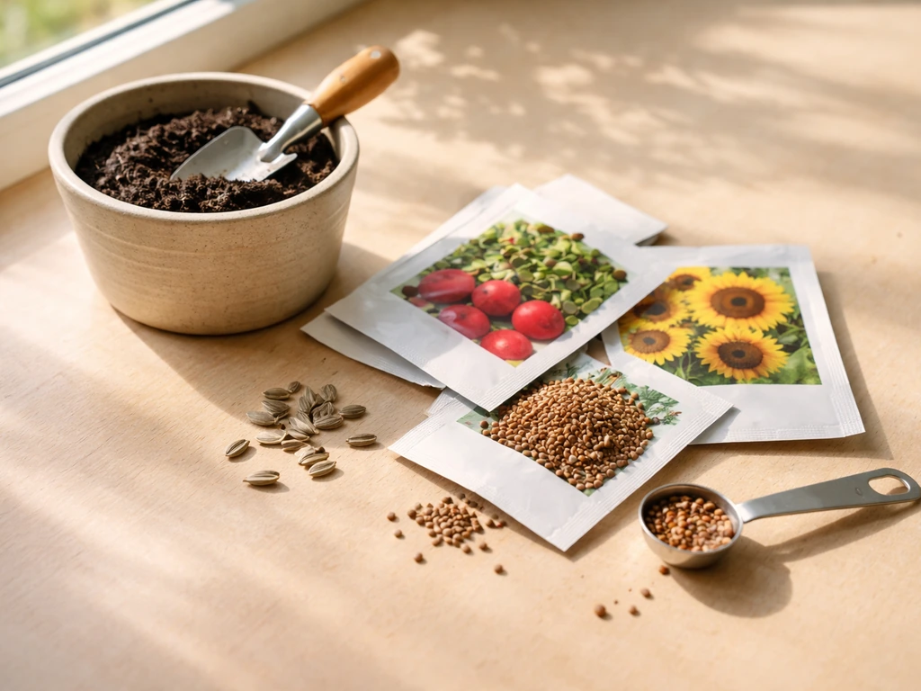 Minimal gardening flat lay showing radish seeds, sunflower seeds, soil, and a small pot in sunlight