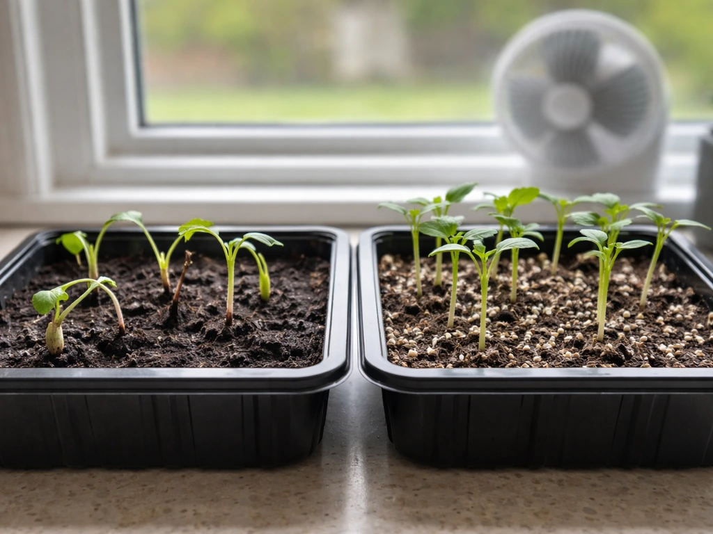 Split view of damping-off seedlings drooping with a healthy upright set in the same tray area.