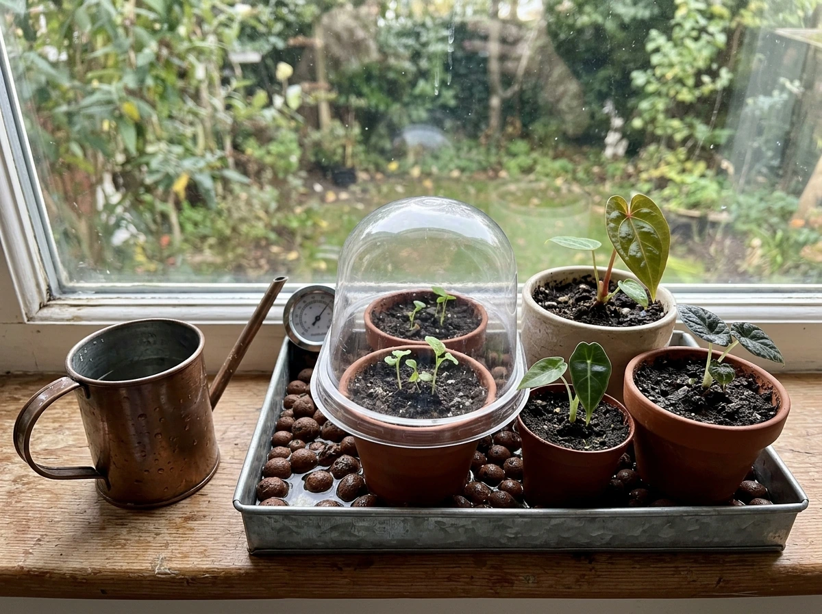 Indoor container setup with humidity control and rare seedlings by a window