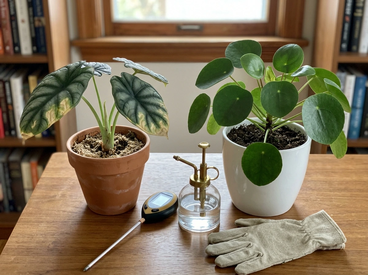 Healthy vs struggling rare plant with tools to address common problems