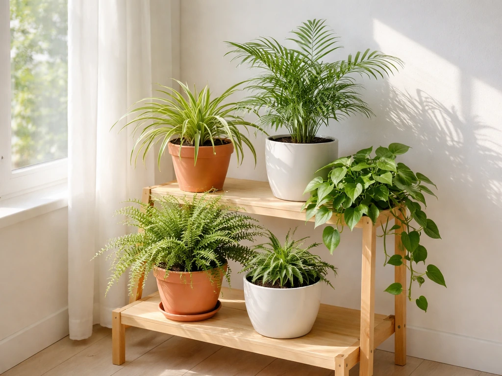 Pet-safe houseplants in pots near a sunny window, bright light and lush greenery.