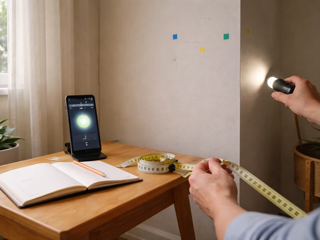 Hands using a tape measure and phone light meter to test light spots on a wall indoors.