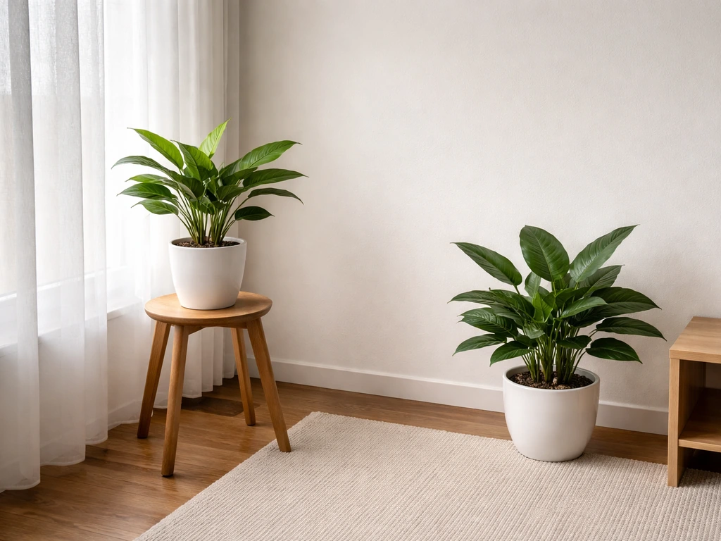 Two small leafy houseplants on a windowsill and a nearby table showing softer medium light vs brighter indirect light.