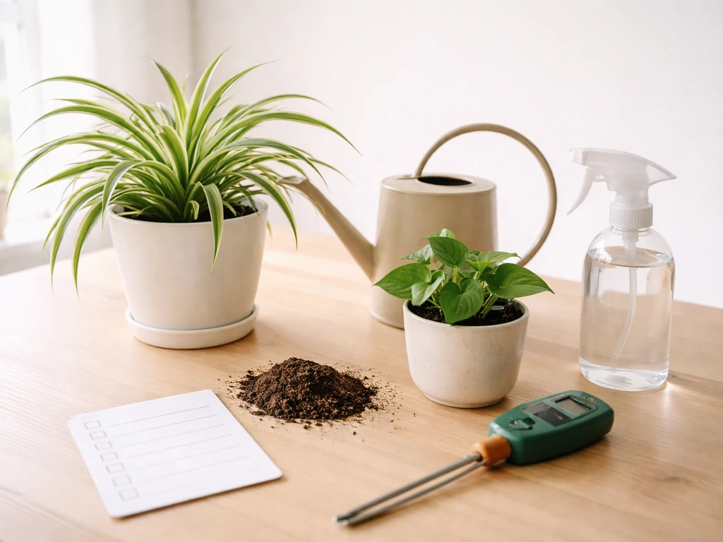 Healthy houseplants on a table with watering can, spray bottle, and soil moisture tester beside a blank checklist.