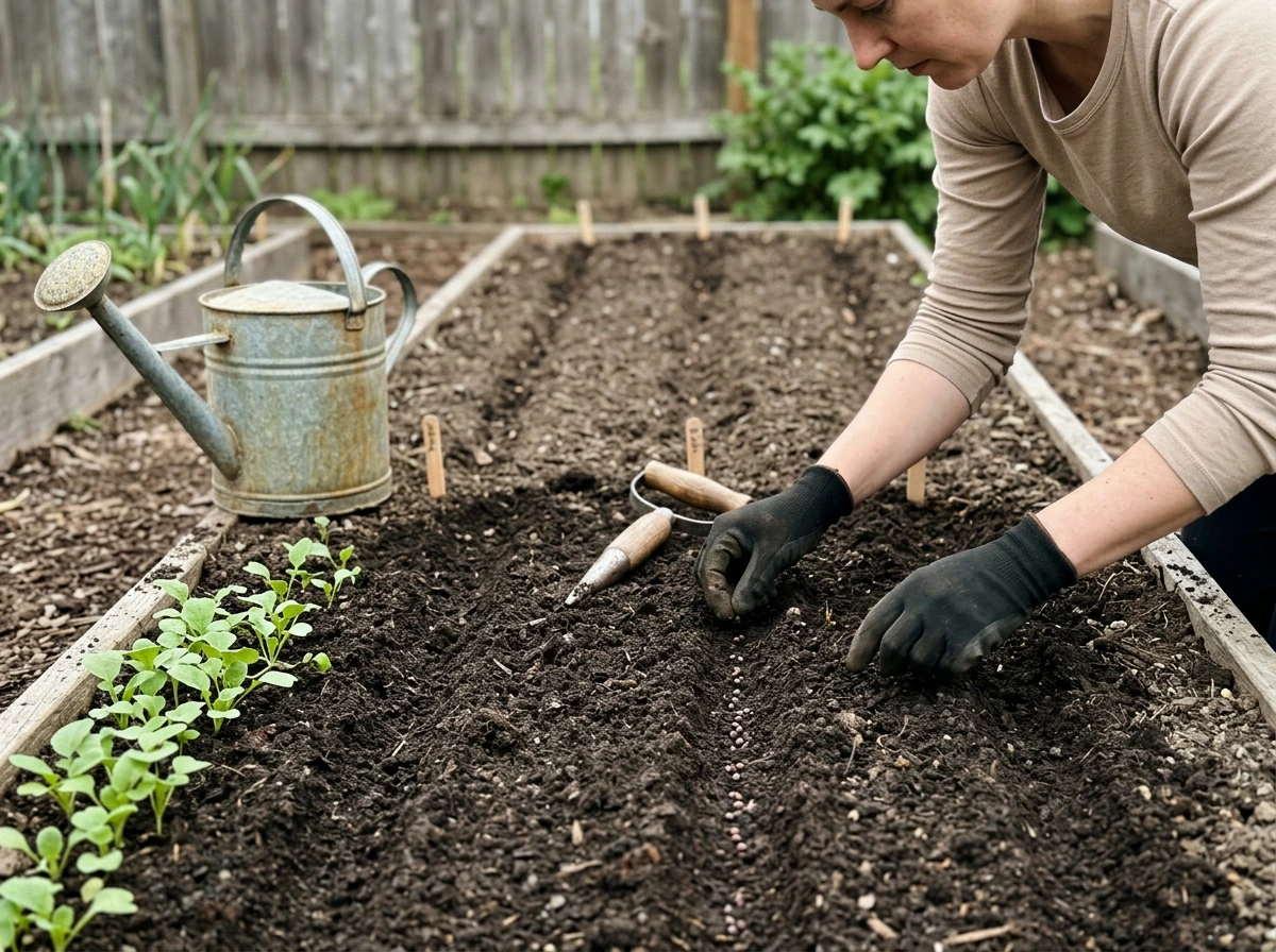Direct sowing radish seeds in warm-season soil with young sprouts nearby.