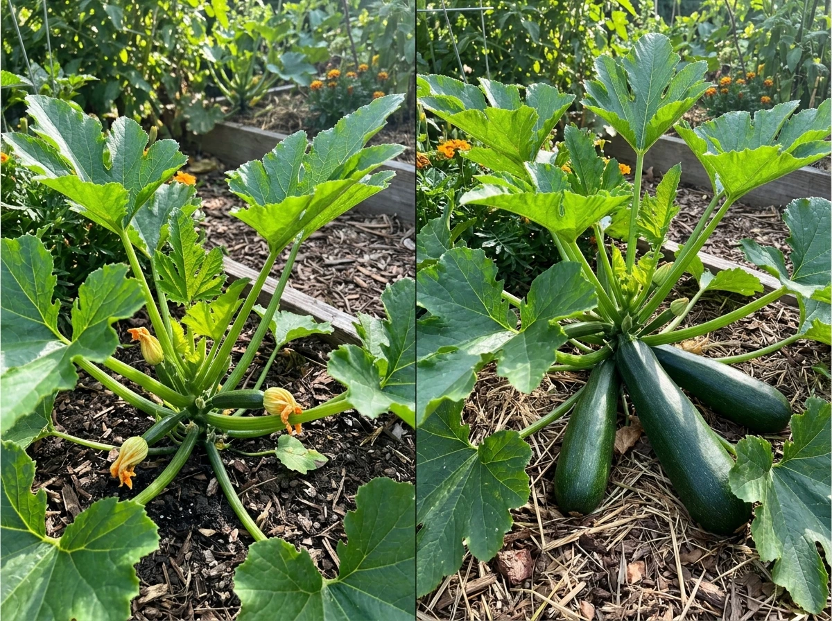 Zucchini plants showing early fruiting and faster ongoing harvest.