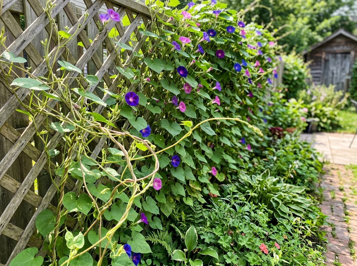 Morning glory vines climbing a trellis with fresh blossoms in full sun.