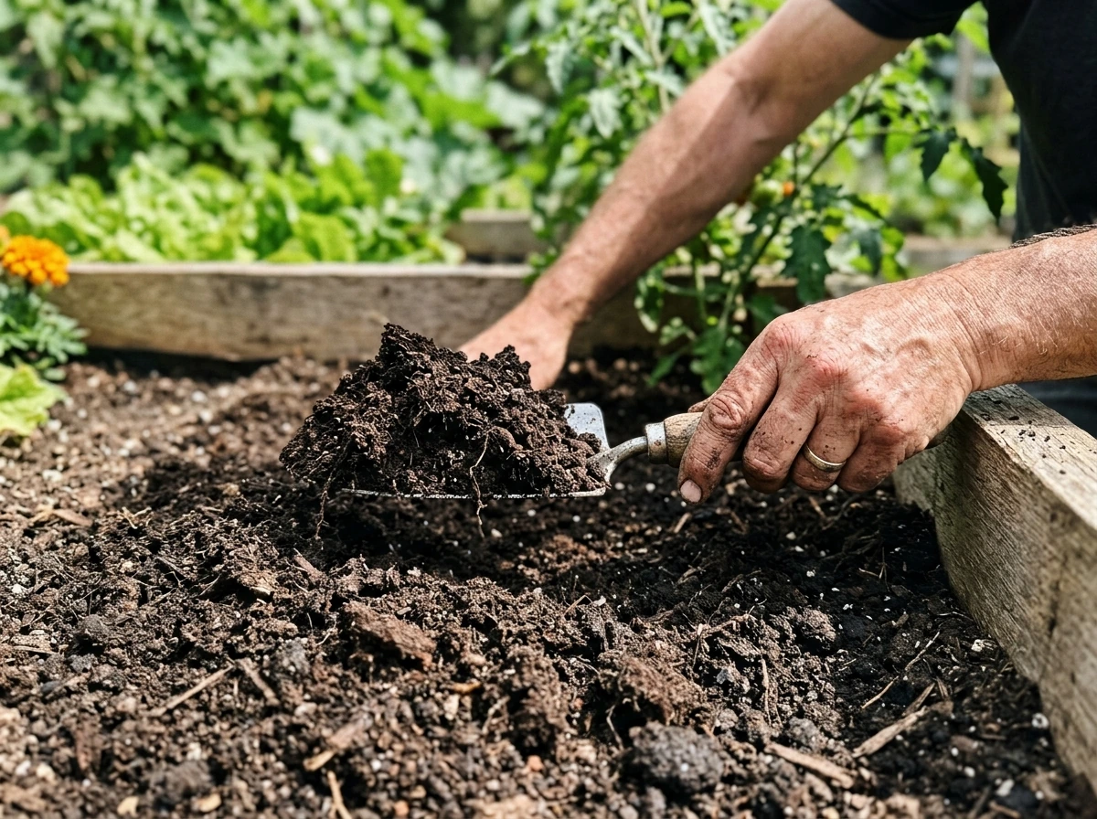 Loosening and improving garden soil with compost for faster summer growth.