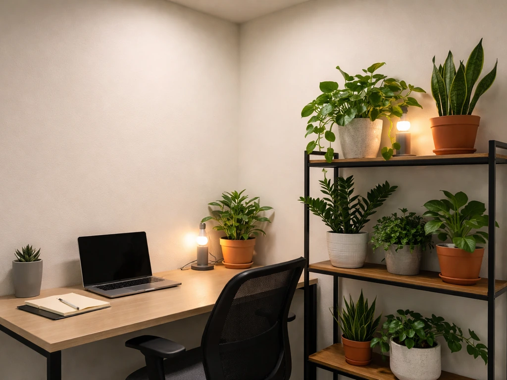 Windowless office corner with several healthy low-light houseplants under subtle artificial and one grow light.