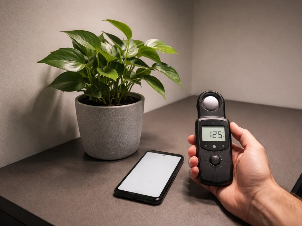 Light meter reading beside a potted plant in a dim office with no windows