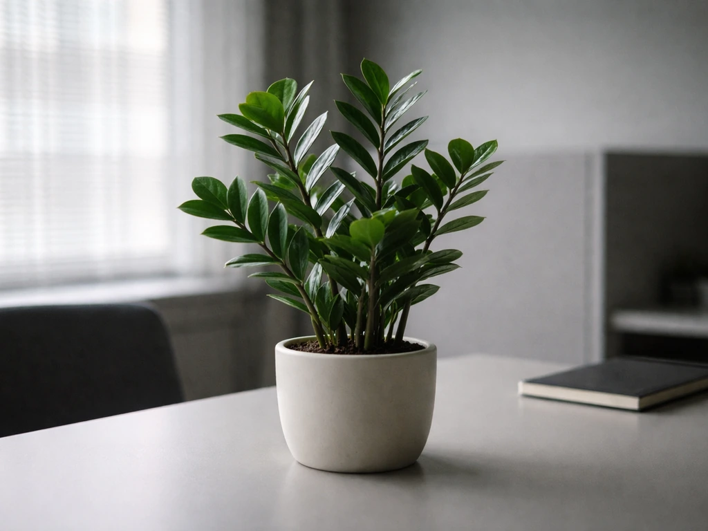 ZZ plant in a dim office on a desk near a window with soft low light and blurred surroundings.