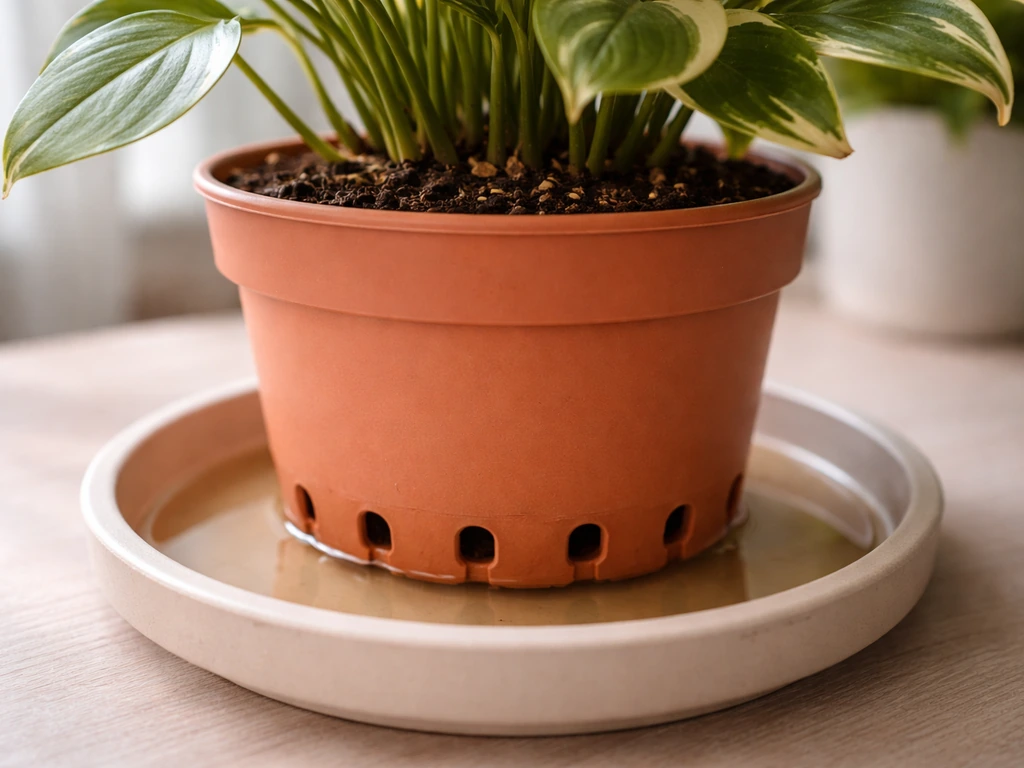 Potted plant with visible drainage holes and a catch tray, showing water not pooling at the roots.