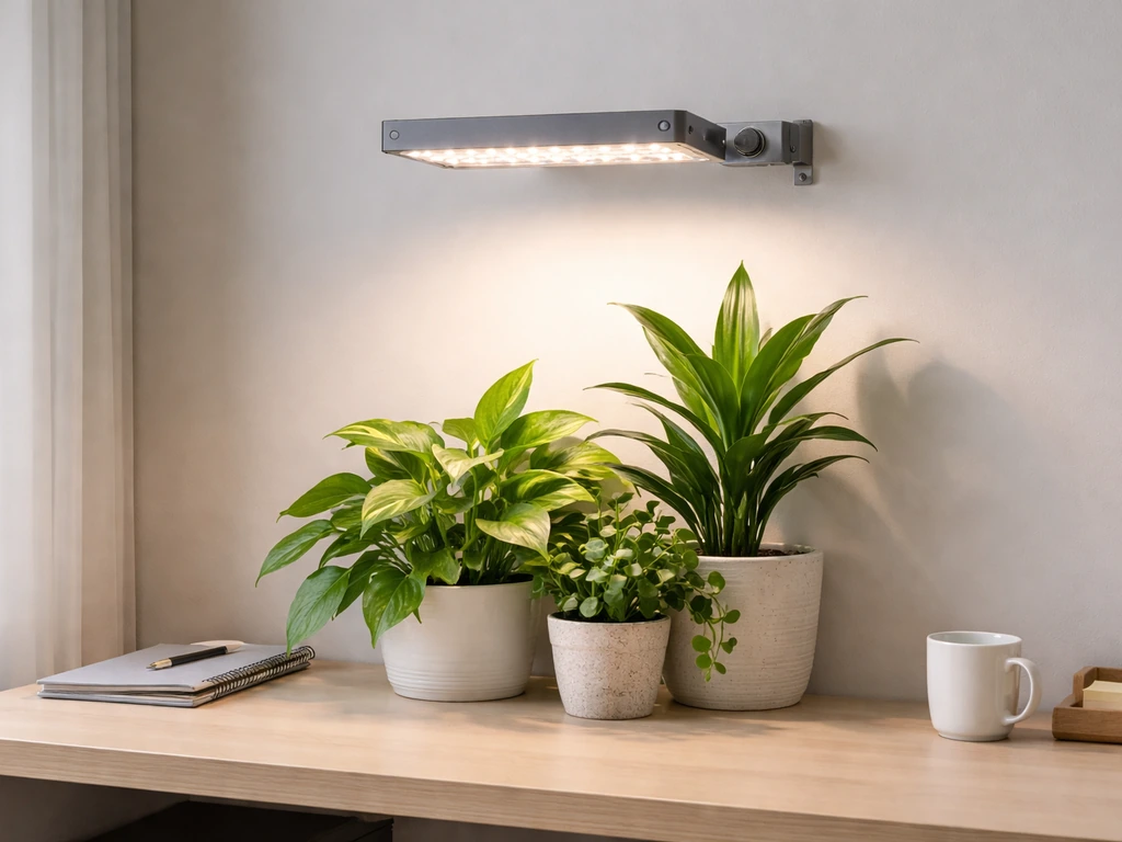 Timed full-spectrum LED grow light mounted over a small office plant cluster under natural light.