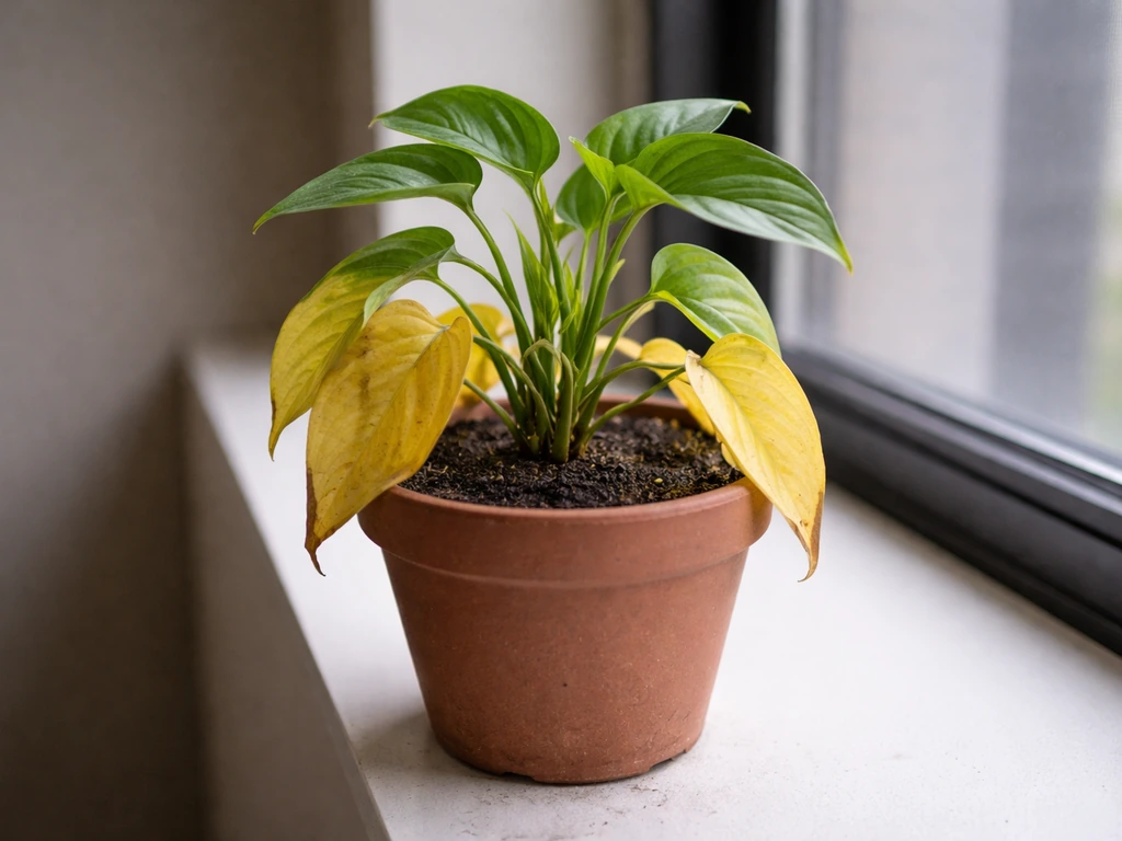 Potted office plant with yellowing leaves, soil still damp, near a dim window.