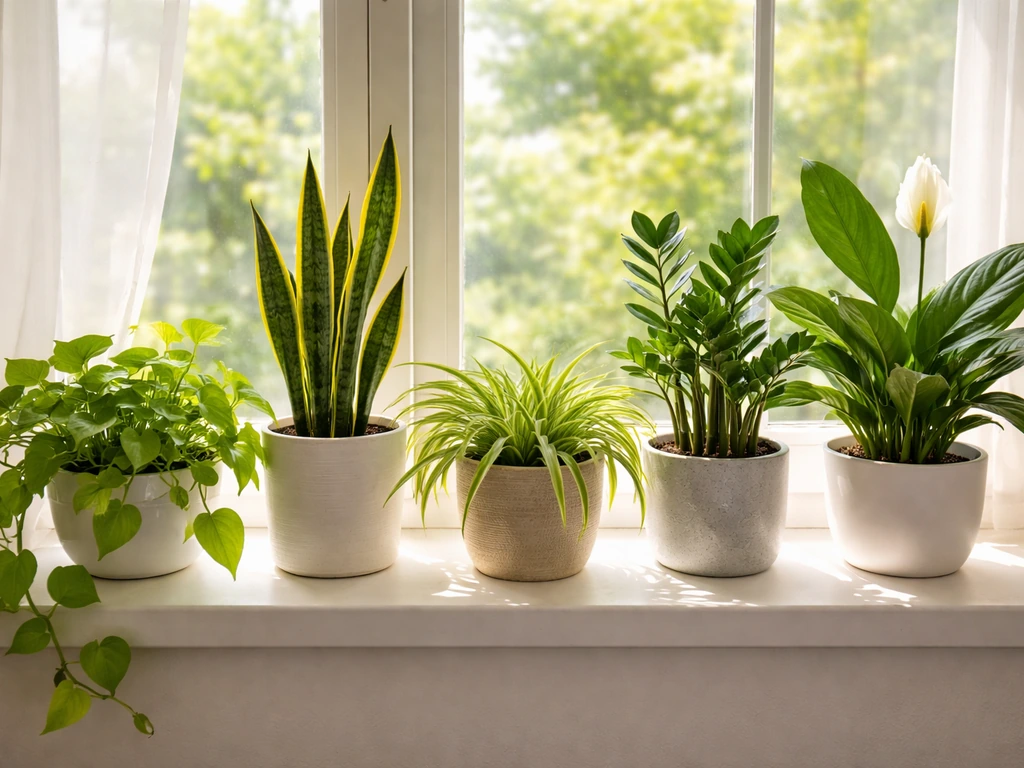 Assorted easy beginner houseplants on a bright windowsill in soft natural light