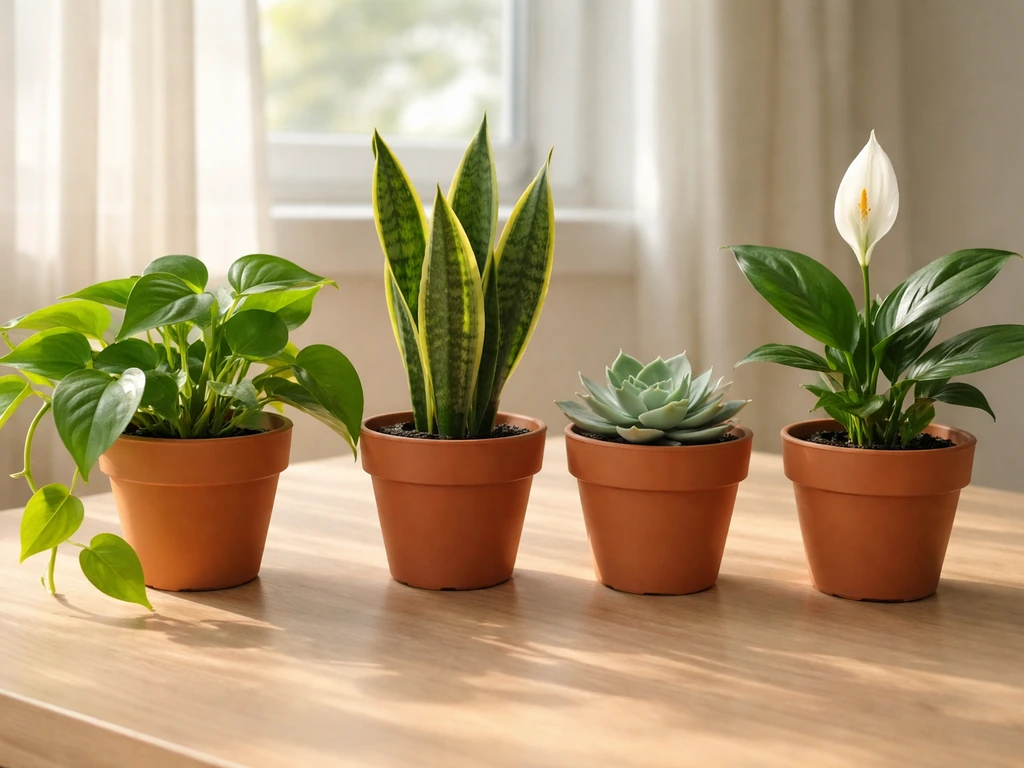 Assorted beginner-friendly houseplants in small pots on a wooden table near a window
