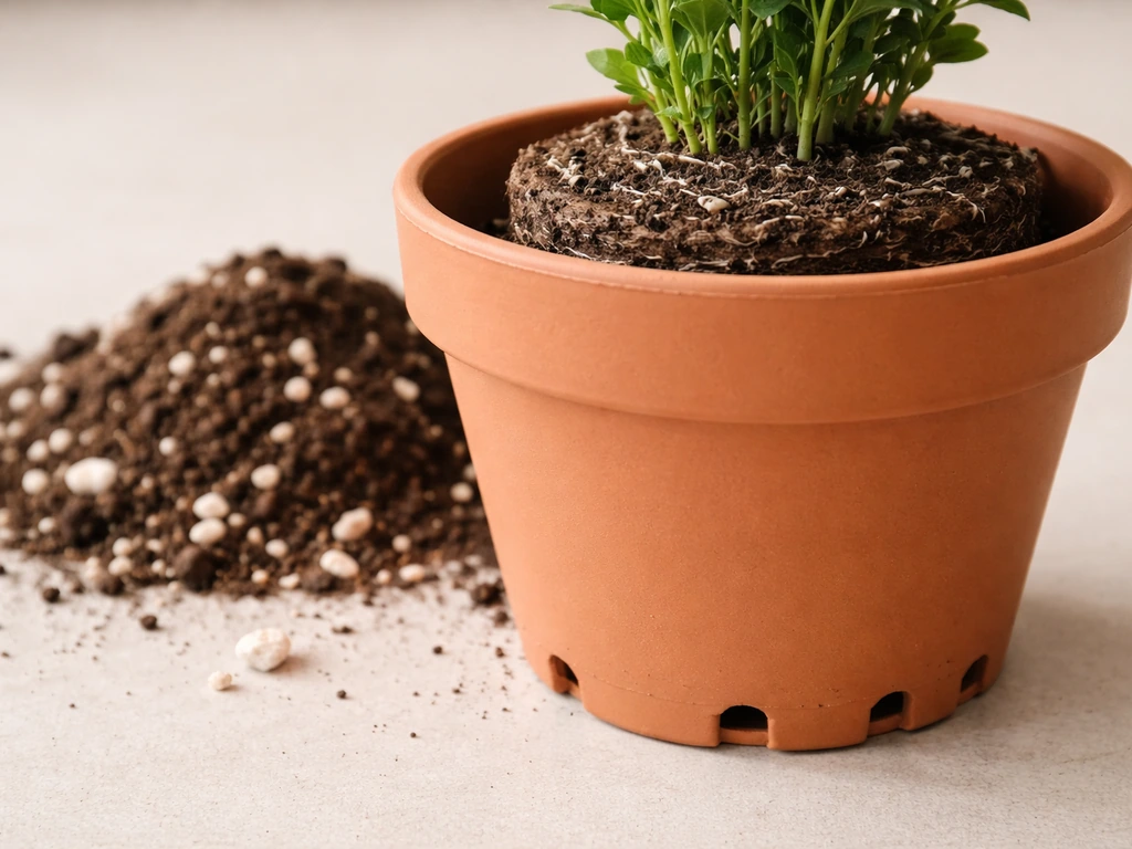 Terracotta pot with drainage holes, potting mix with perlite, and root ball set just below rim.