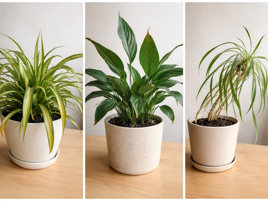 Three potted houseplants showing yellow leaves, brown leaf tips, and leggy growth in separate panels.