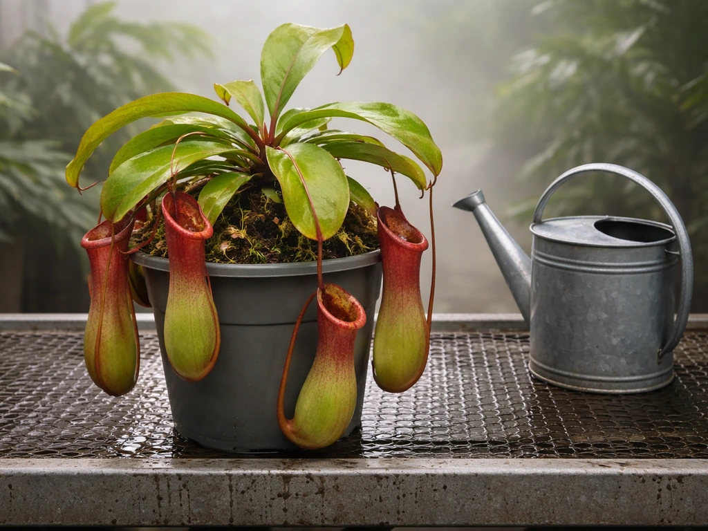 Close-up of Nepenthes pitcher plants beside a watering can in a bright greenhouse