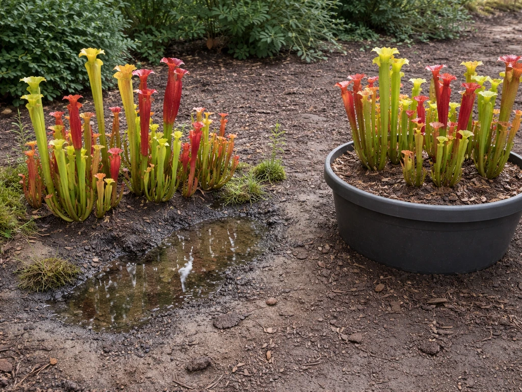 Side-by-side Sarracenia outdoor bog bed and a simple container setup in damp garden soil.