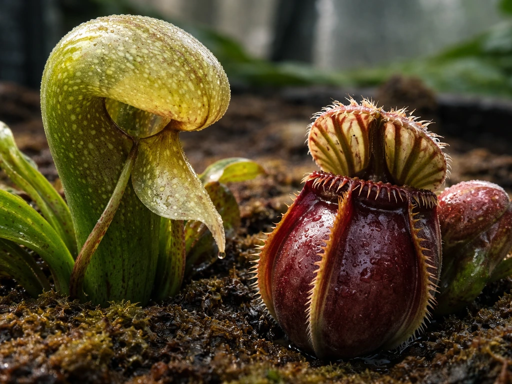 Close-up of cobra lily and a red-brown Cephalotus pitcher plant in soft natural light.