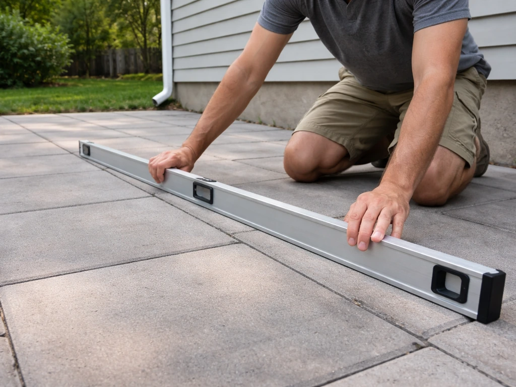 Person using a long level on a patio to check slope away from the house.