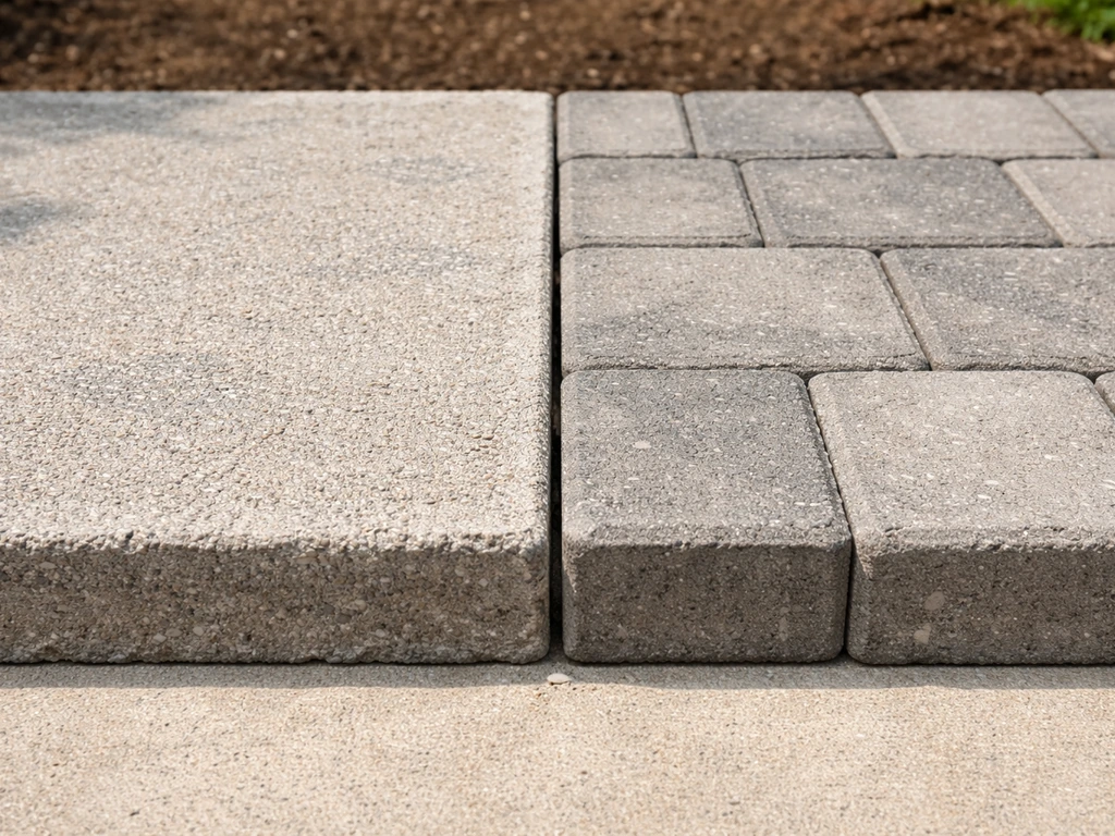 Two patio extension material samples—concrete and pavers—shown side by side with contrasting textures.
