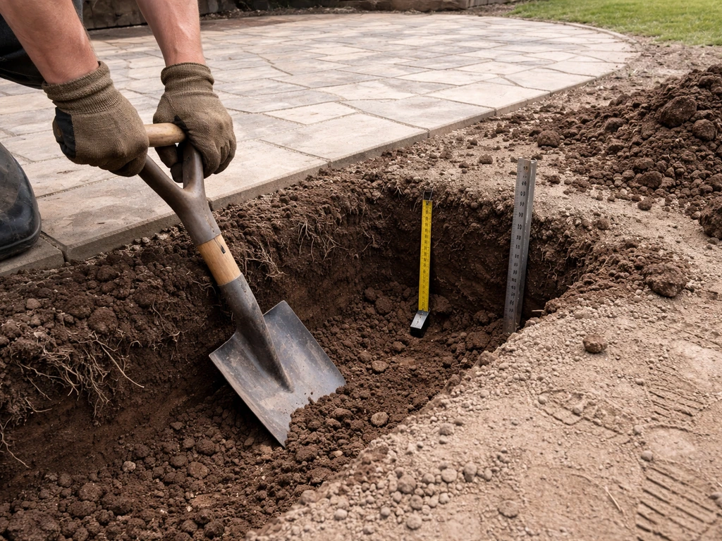 Gloved hands shovel soil along a patio edge while depth gauges show excavation depth.