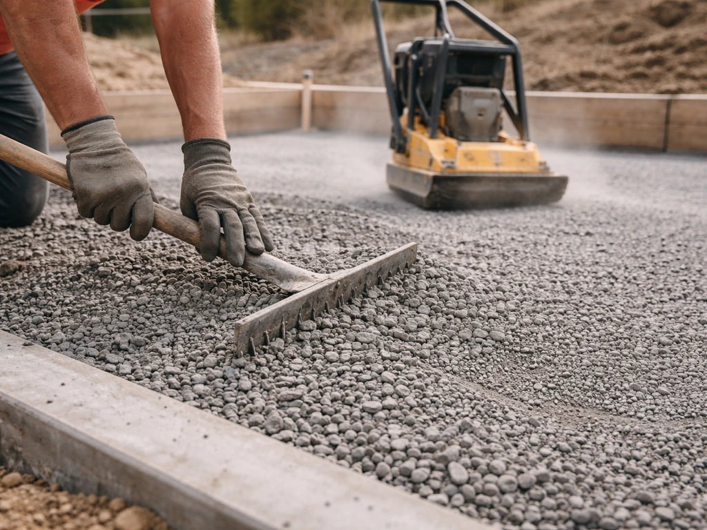 Worker spreads and compacts crushed stone base with a vibrating plate compactor on a leveled site.