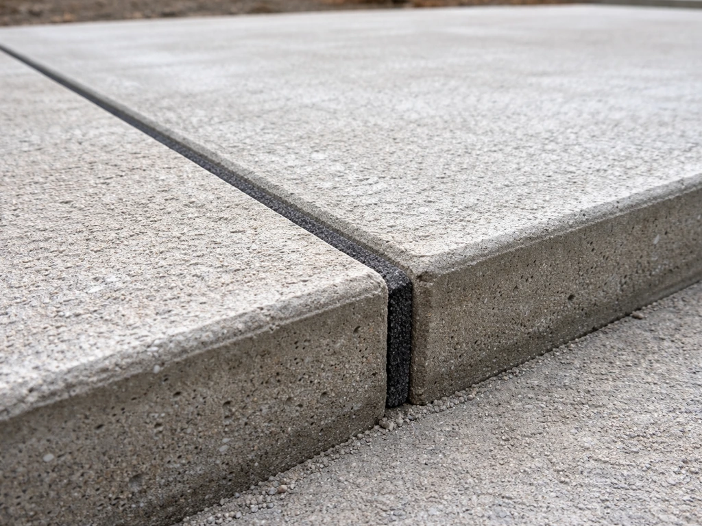 Close-up of an expansion joint gap with compressible filler between an old and new concrete slab