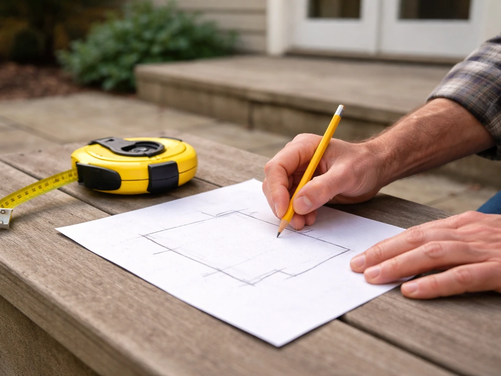 Homeowner planning a patio footprint on paper with a tape measure beside a wall outdoors.
