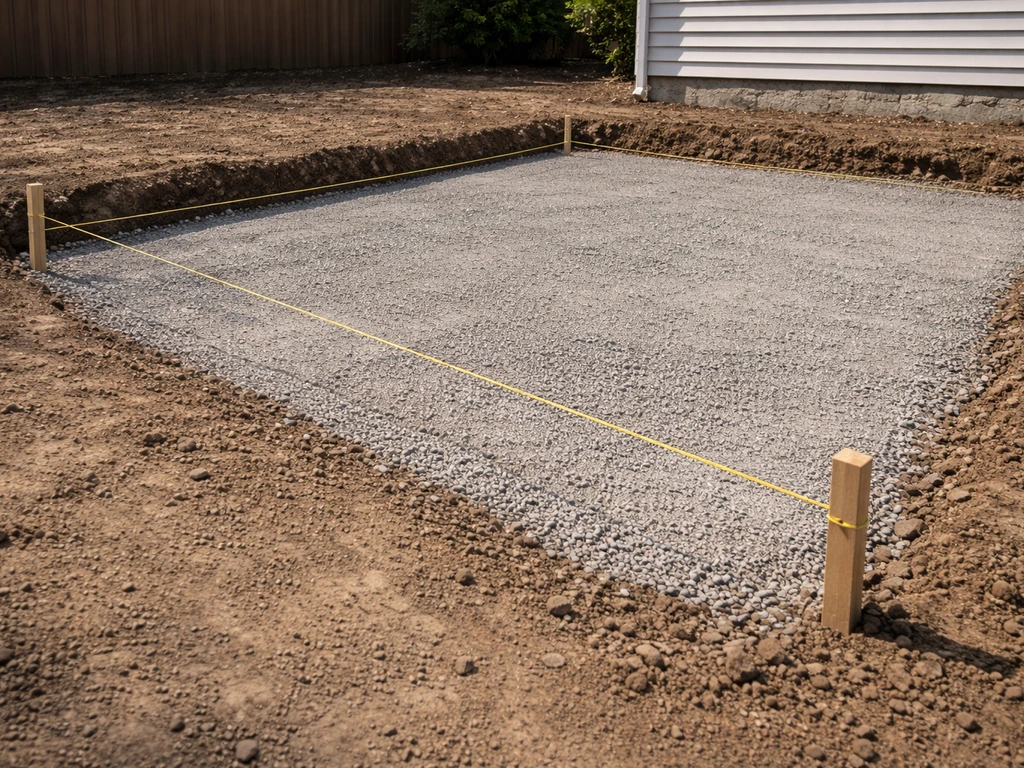 Graded subgrade and compacted base for a patio, showing drainage slope and a string level line.