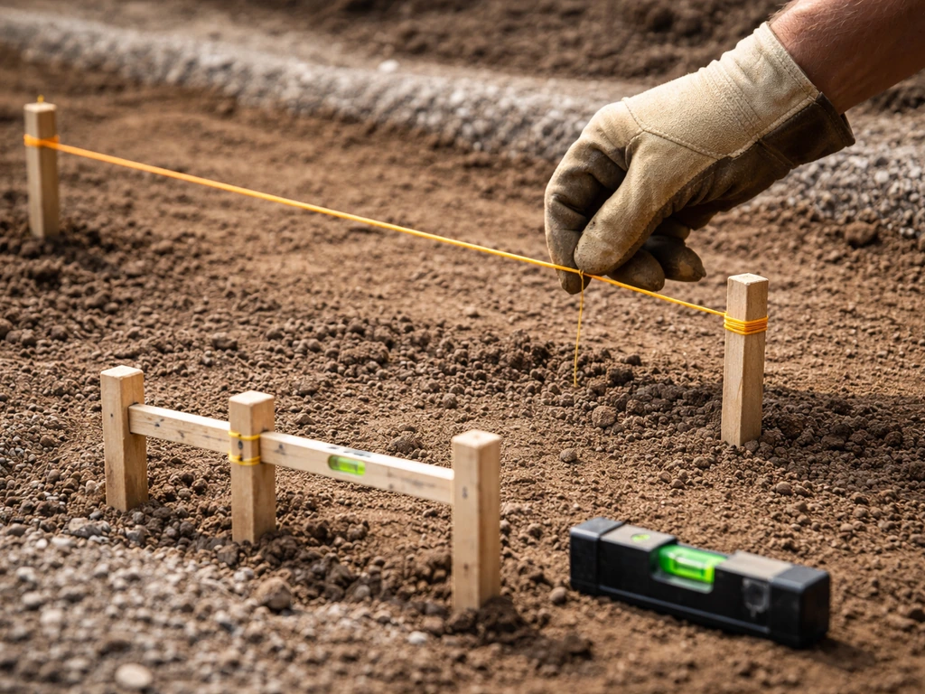 Worker checks a sloped subgrade using a mason’s line and simple stakes with a leveling tool in a minimal yard.